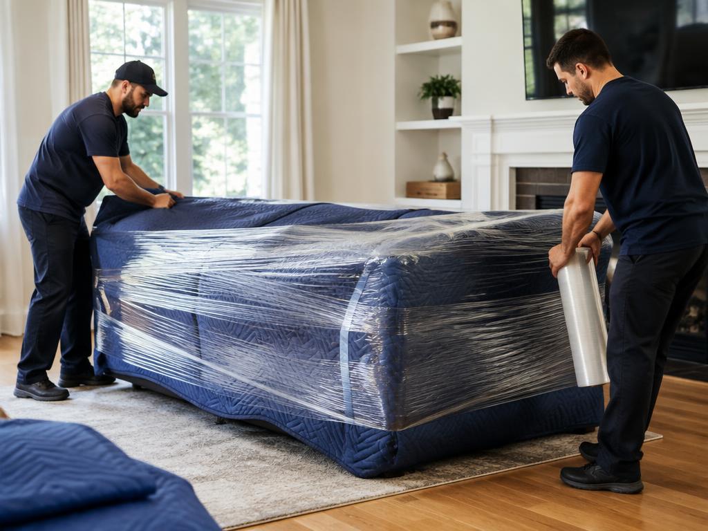 Sofa wird in Umzugsdecken und Folie verpackt